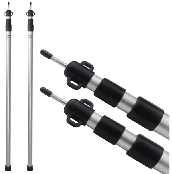 adjustable aluminum telescoping tarp rods with paracord tie downs and sand stakes