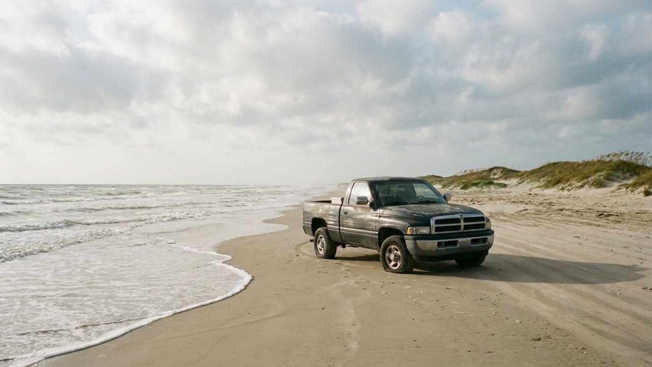 Four-wheel drive vehicle on Texas beach sand near the Gulf waterline with coastal dunes visible