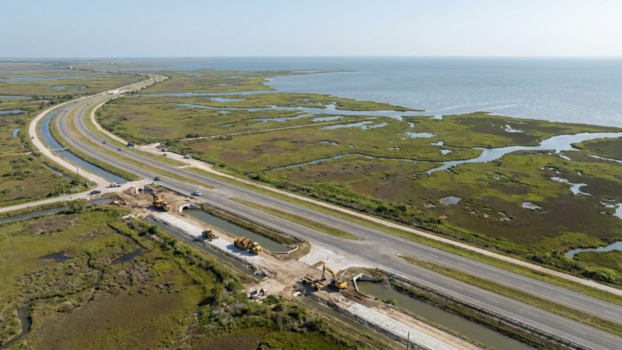 Coastal highway infrastructure improvement project along Texas Gulf Coast with drainage systems