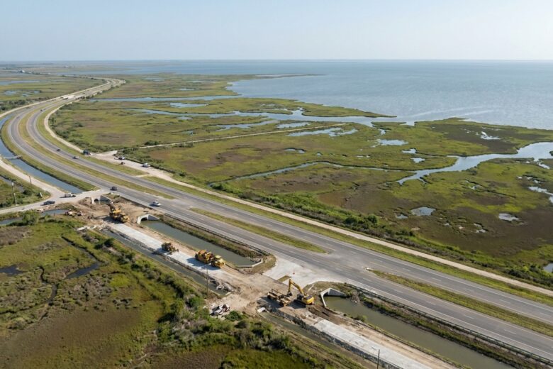 Coastal highway infrastructure improvement project along Texas Gulf Coast with drainage systems