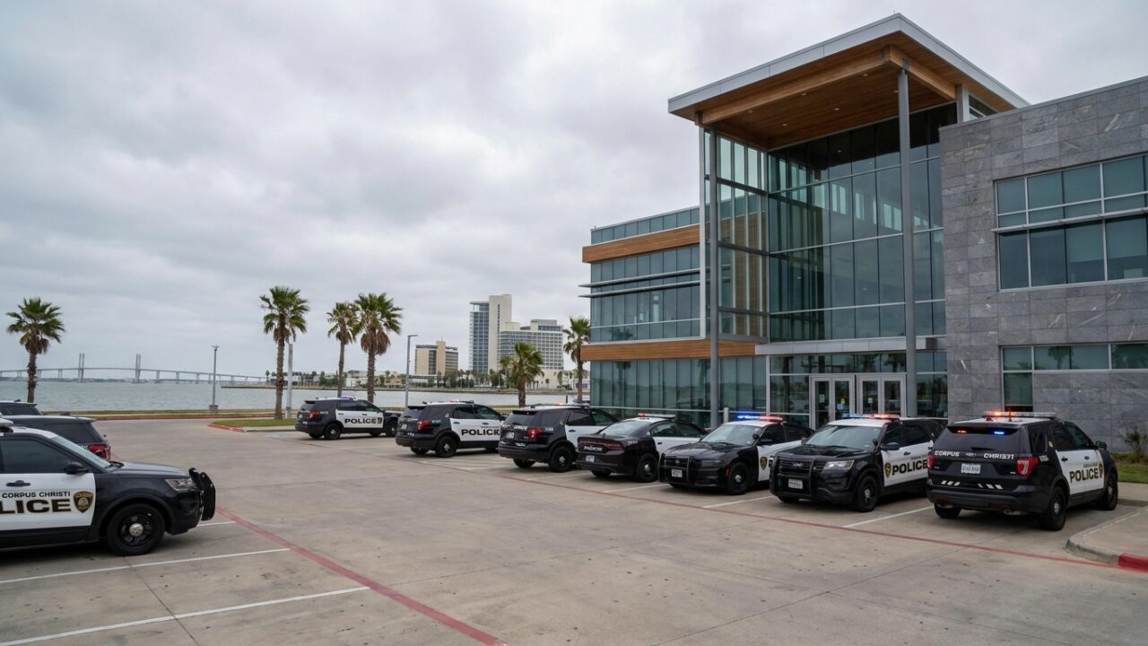 Corpus Christi Police vehicles stationed outside department headquarters on an overcast day