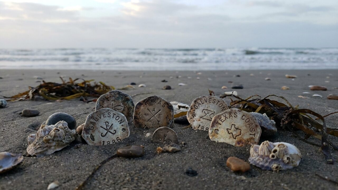 Handcrafted metal tokens discovered on Texas beach sand with coastal debris