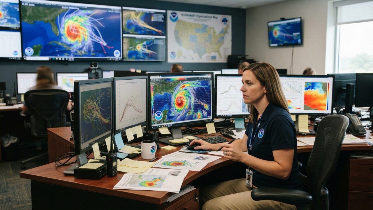 Weather forecasting center with hurricane tracking displays and satellite imagery on multiple screens