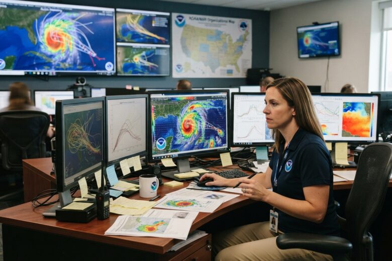Weather forecasting center with hurricane tracking displays and satellite imagery on multiple screens