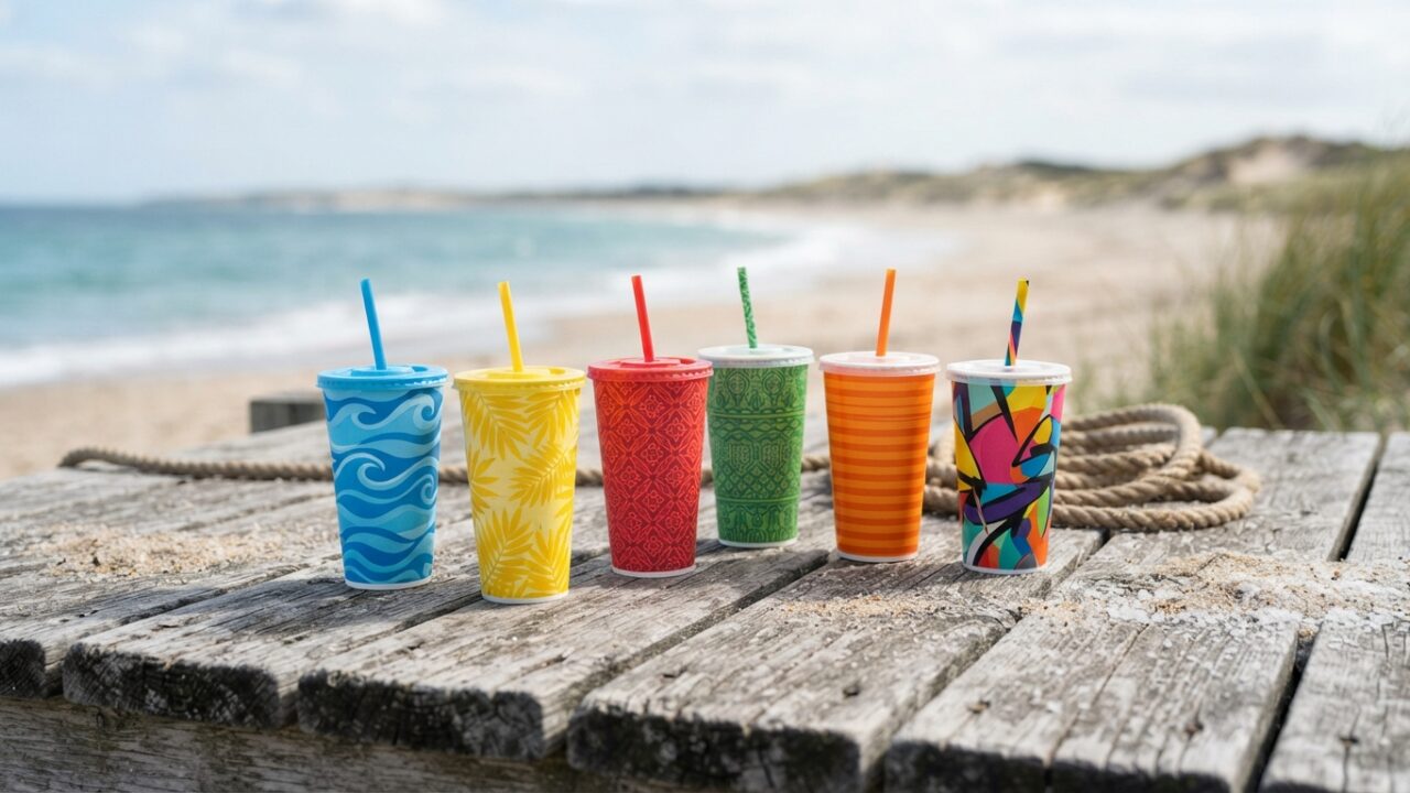 Collectible beverage cups displayed on coastal wooden surface with beach elements