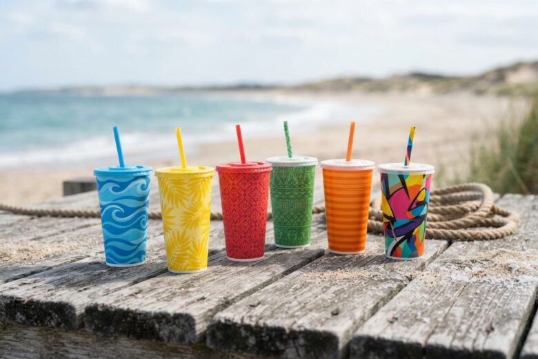 Collectible beverage cups displayed on coastal wooden surface with beach elements