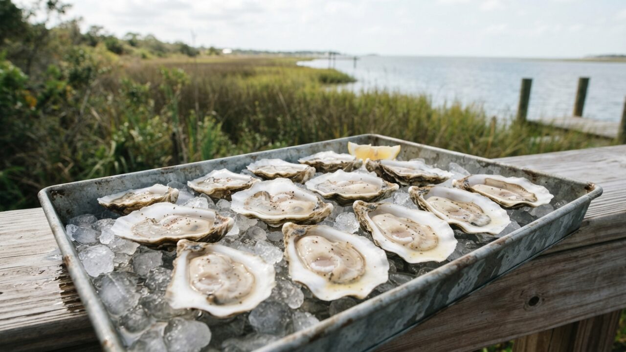 Fresh Gulf Coast oysters displayed on ice with marsh habitat in background