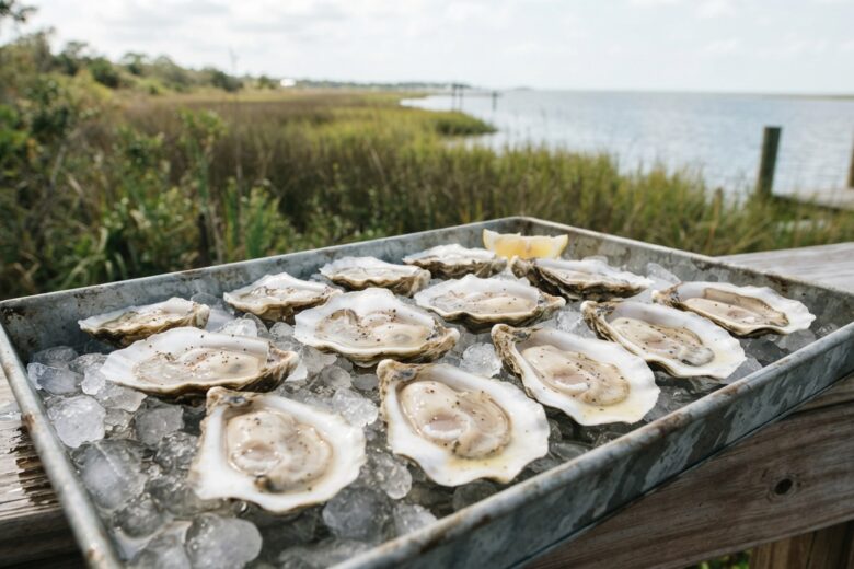 Fresh Gulf Coast oysters displayed on ice with marsh habitat in background