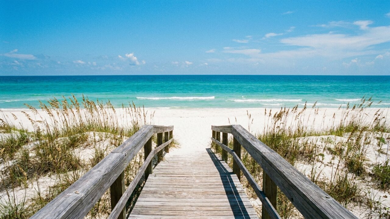 Clear turquoise Gulf water and white sand beach at a Texas barrier island