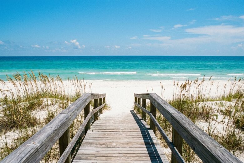 Clear turquoise Gulf water and white sand beach at a Texas barrier island