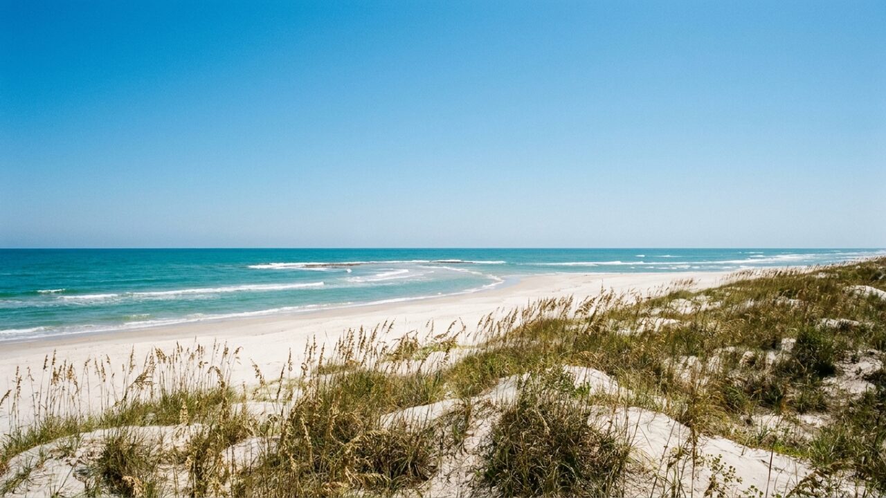 Clear turquoise Gulf waters and white sand beach at Port Aransas, Texas