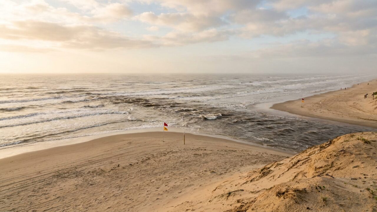 Rip current visible as darker channel cutting through breaking waves on Texas beach