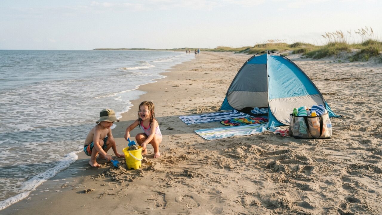 Minimalist family beach setup with shade tent and children playing in sand near Texas coastline