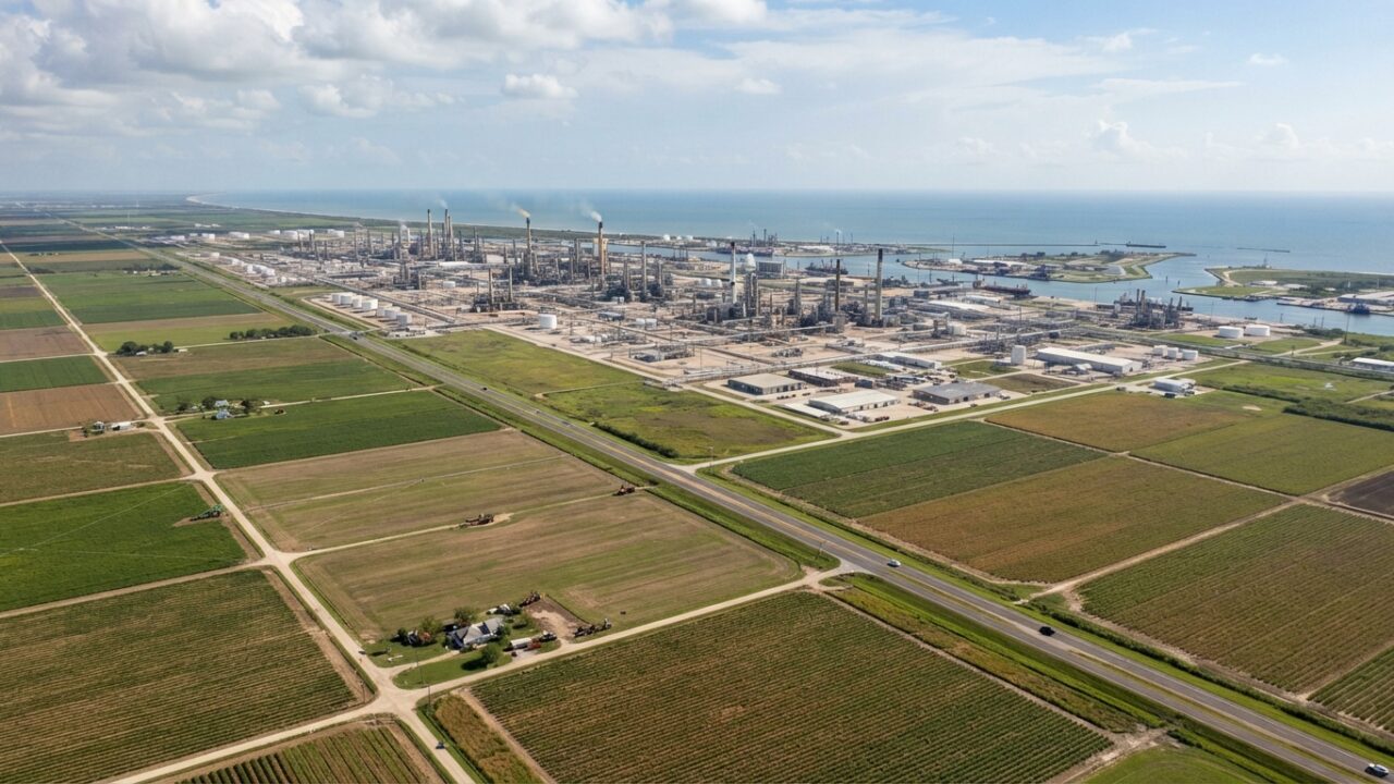 Aerial view of South Texas farmland with coastal industrial development and Gulf waters in distance