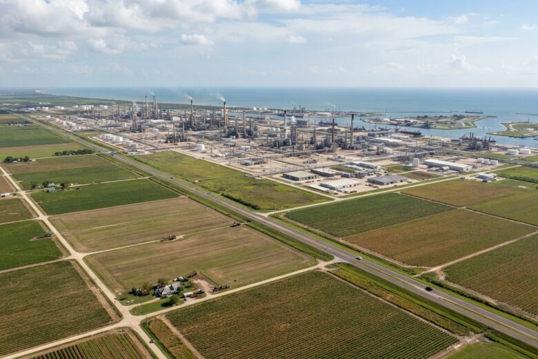 Aerial view of South Texas farmland with coastal industrial development and Gulf waters in distance