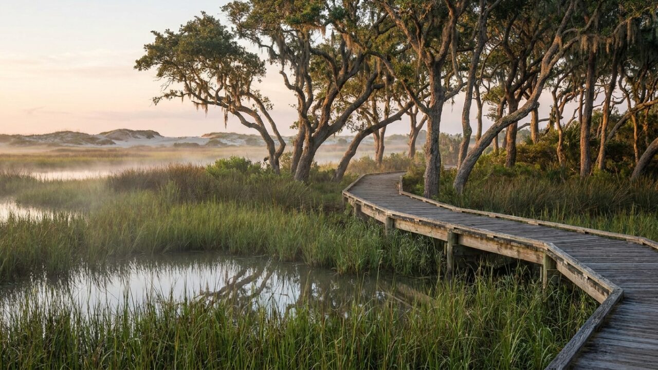 Coastal boardwalk through live oak and wetland habitat at sunrise on Texas barrier island