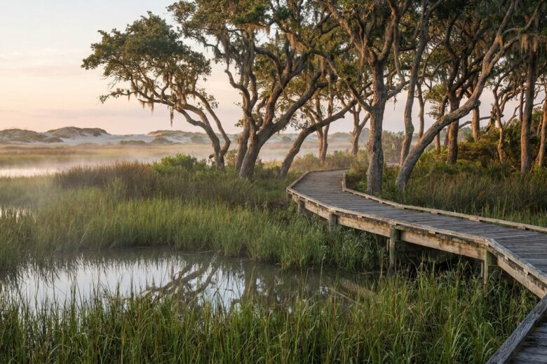 Coastal boardwalk through live oak and wetland habitat at sunrise on Texas barrier island