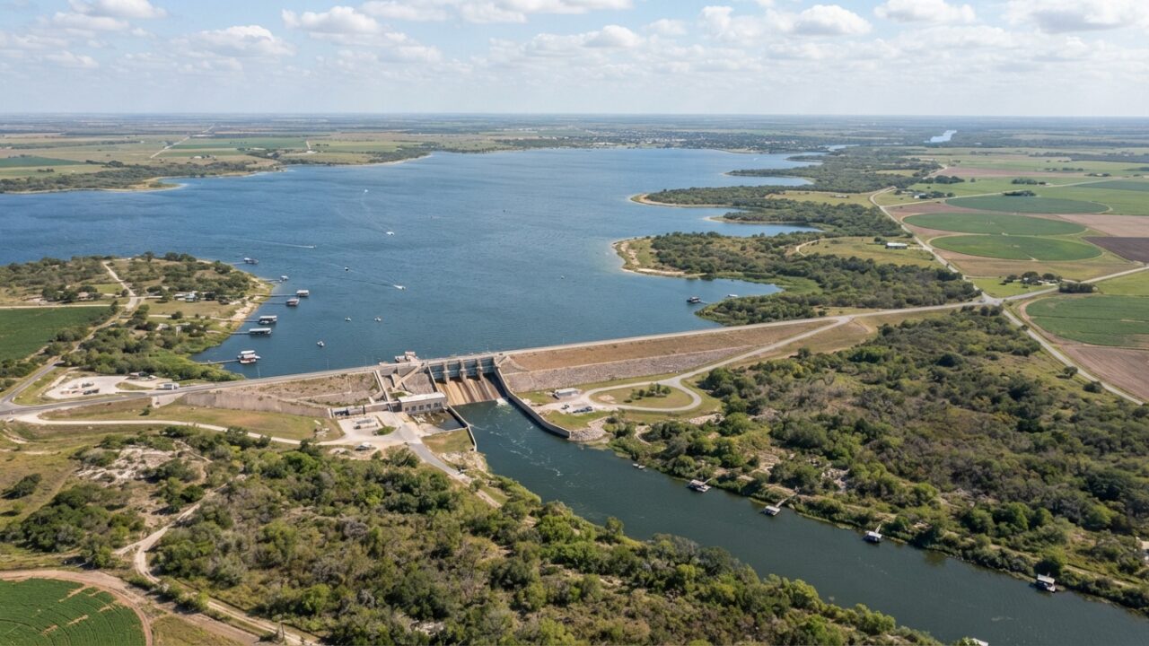 Lake Corpus Christi reservoir and dam in Texas showing water management infrastructure