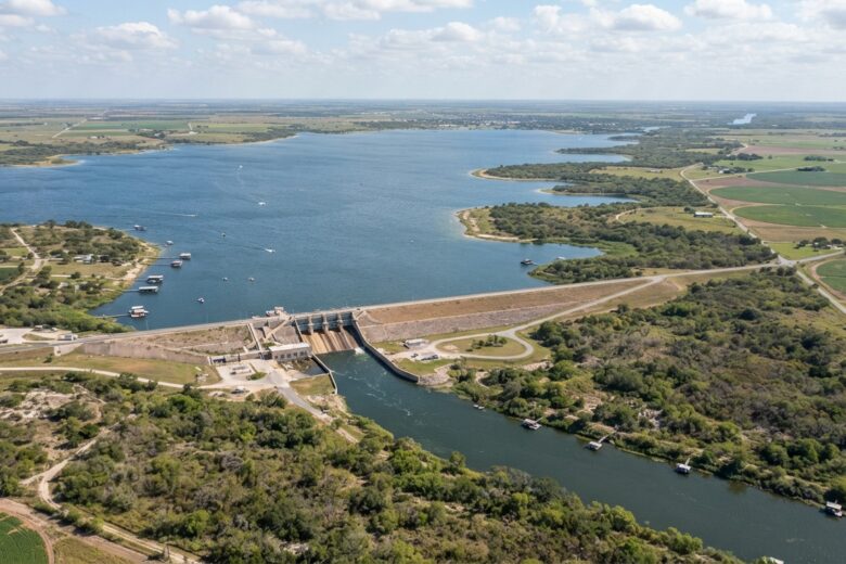 Lake Corpus Christi reservoir and dam in Texas showing water management infrastructure
