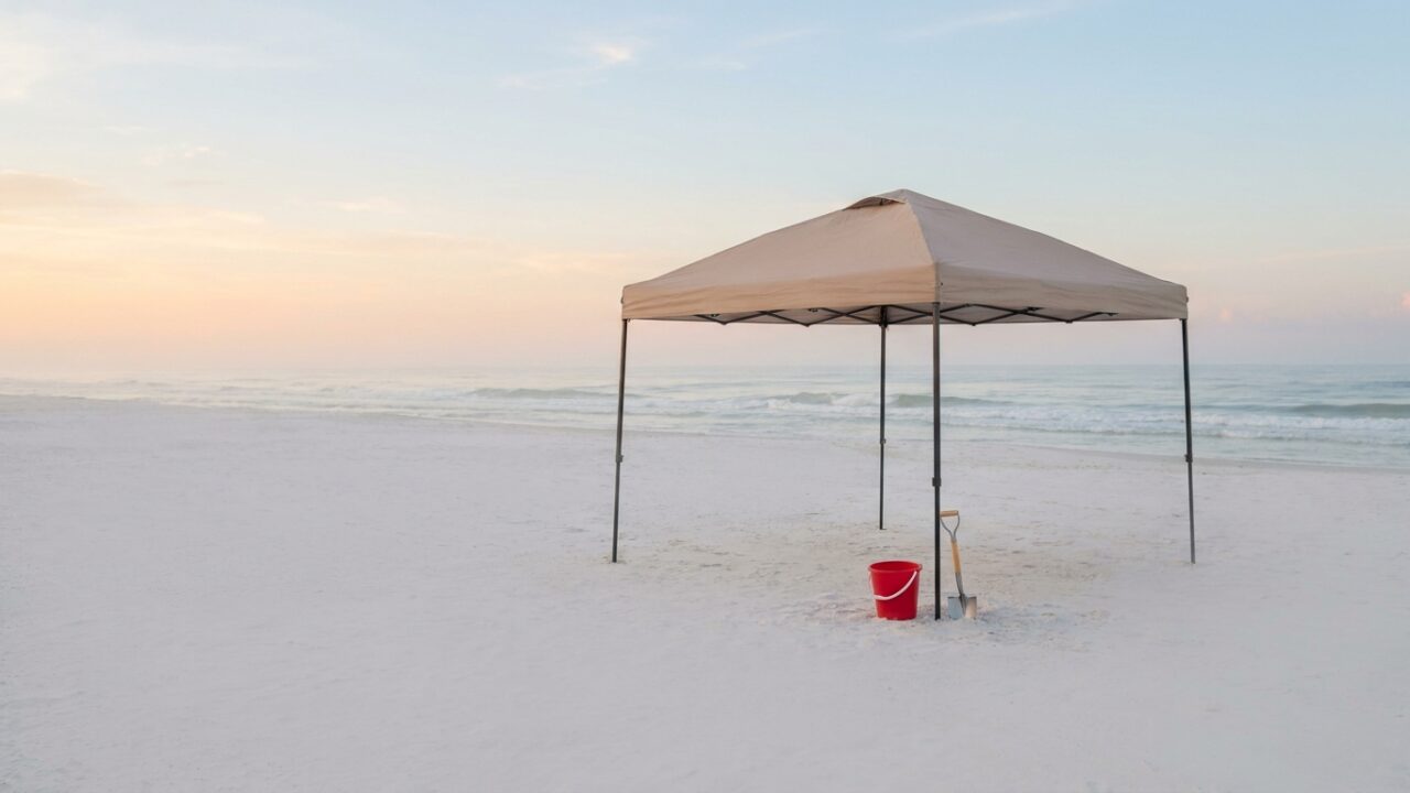 Simple beach setup with canopy and minimal gear on sandy Gulf Coast shore