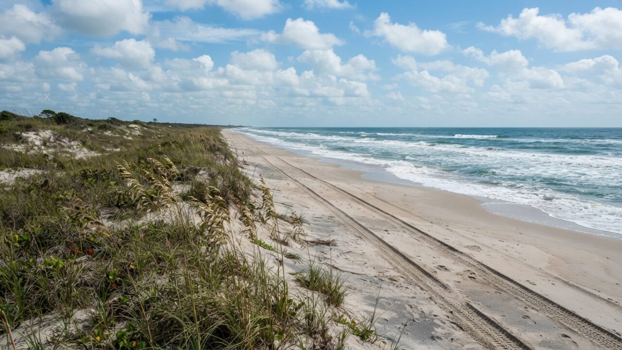 Barrier island beach with dunes and Gulf waters along Texas coast