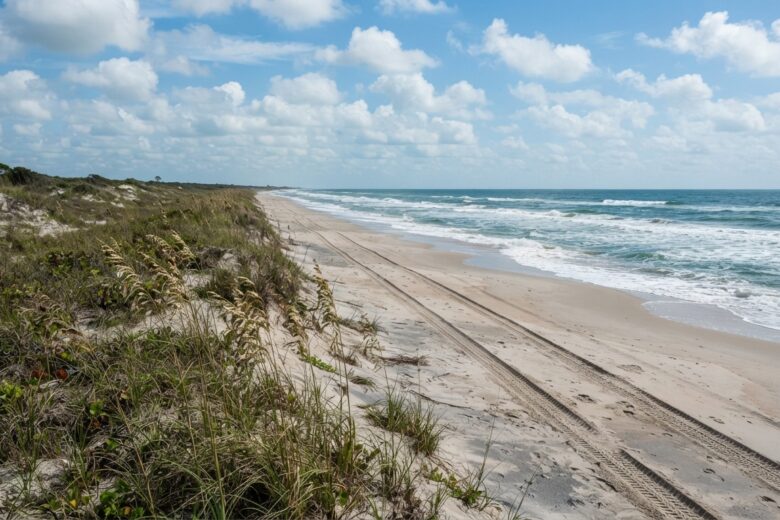Barrier island beach with dunes and Gulf waters along Texas coast