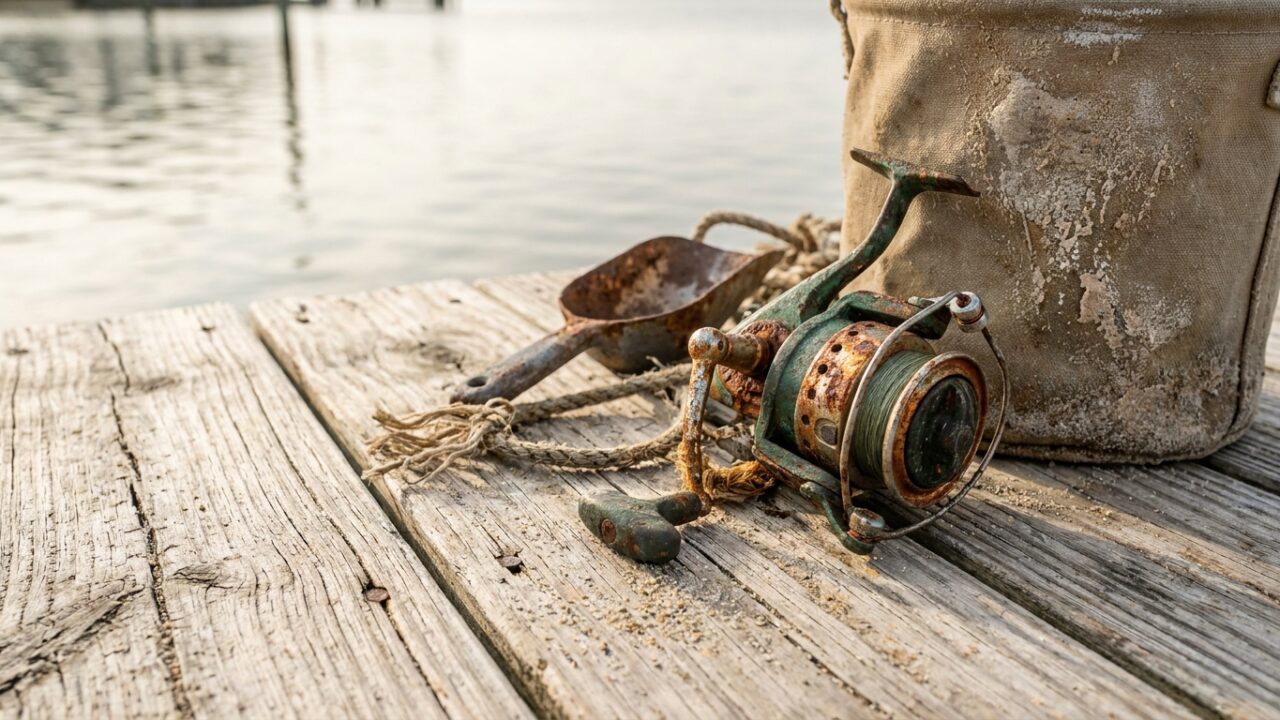 Weathered fishing gear showing effects of salt exposure and coastal conditions
