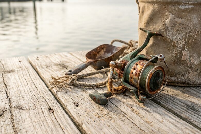 Weathered fishing gear showing effects of salt exposure and coastal conditions