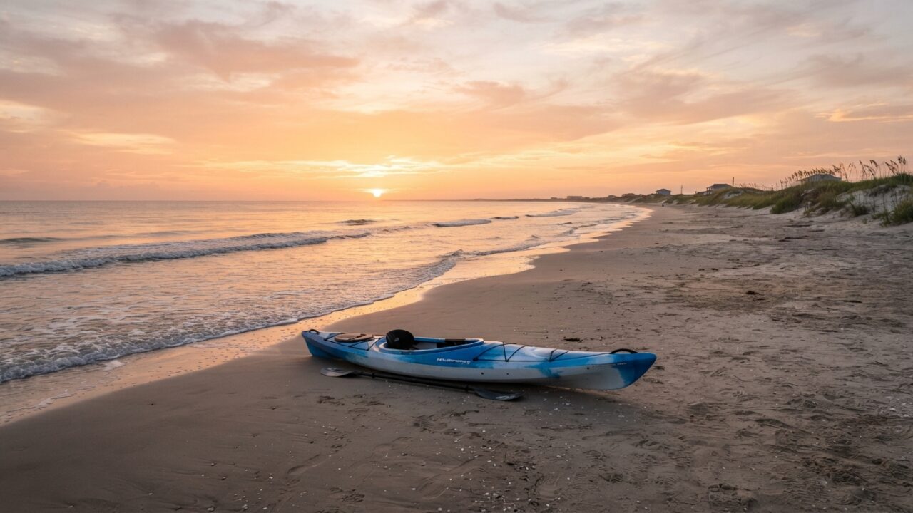 Kayak resting on sandy beach with Gulf of Mexico waves in background at South Padre Island