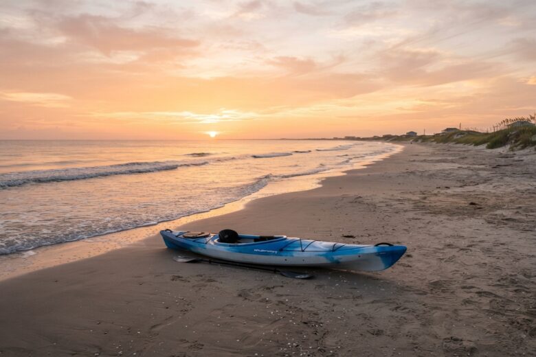 Kayak resting on sandy beach with Gulf of Mexico waves in background at South Padre Island