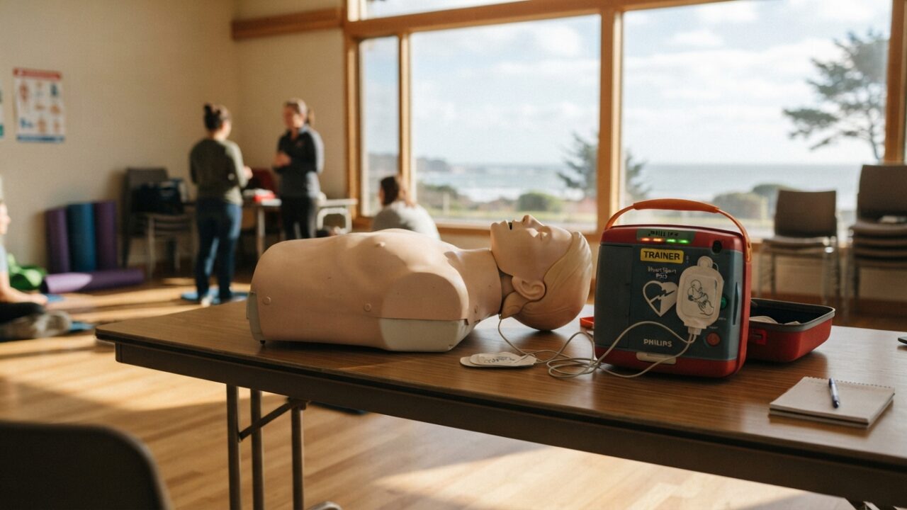 CPR training mannequin and AED defibrillator device on table in community training setting