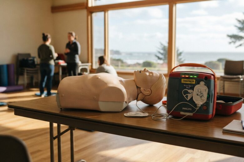 CPR training mannequin and AED defibrillator device on table in community training setting