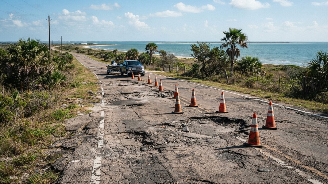 Damaged coastal road with potholes and warning cones in Corpus Christi