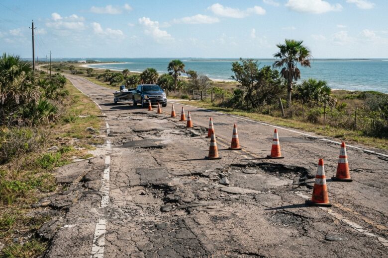 Damaged coastal road with potholes and warning cones in Corpus Christi