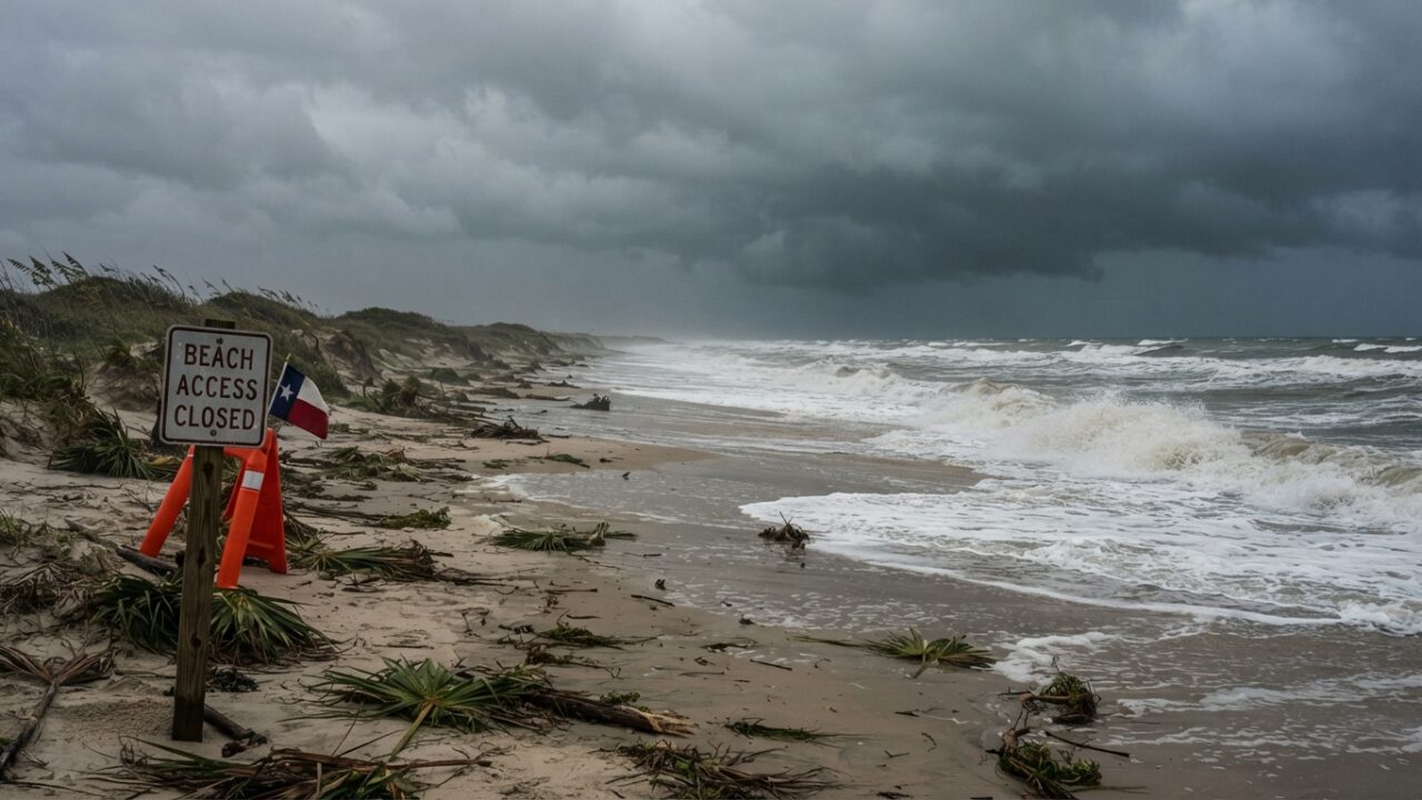 Storm clouds over Texas barrier island beach with rough surf and wet sand after tropical weather system passage