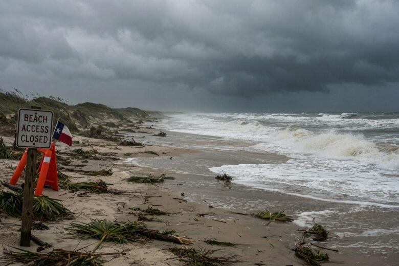 Storm clouds over Texas barrier island beach with rough surf and wet sand after tropical weather system passage