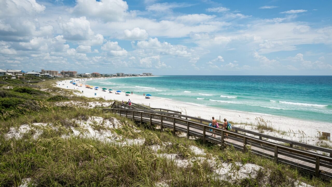 Emerald Coast beach boardwalk leading to turquoise waters and white sand