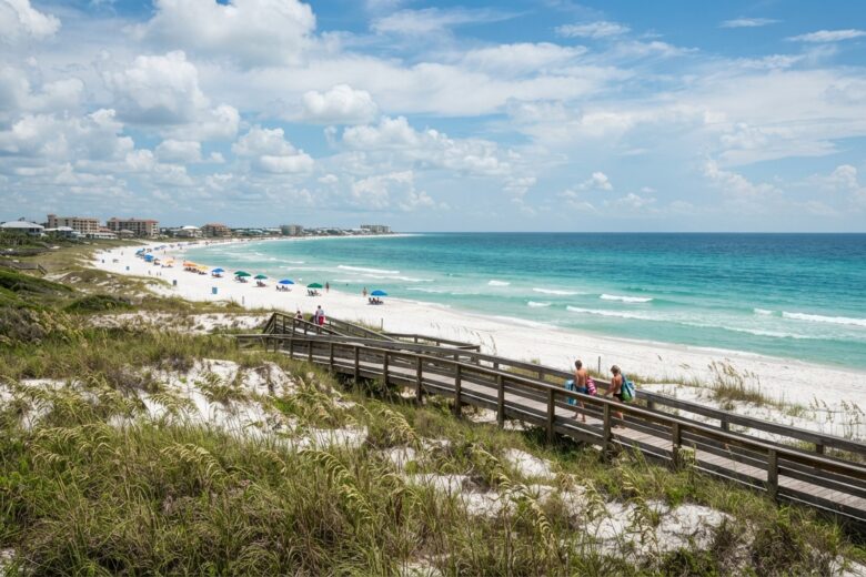 Emerald Coast beach boardwalk leading to turquoise waters and white sand