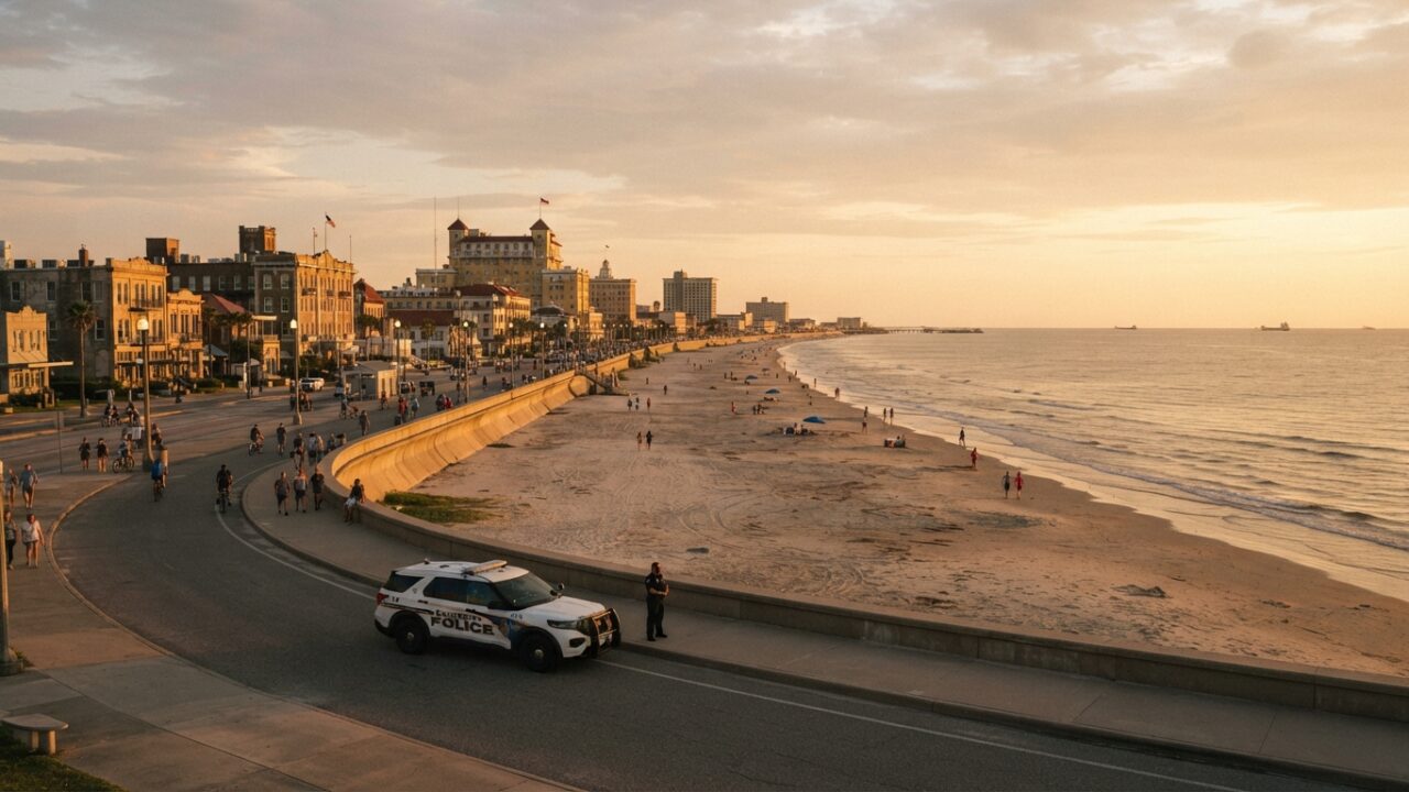 Galveston seawall and beachfront with police presence along the coastal promenade