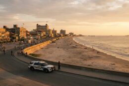 Galveston seawall and beachfront with police presence along the coastal promenade