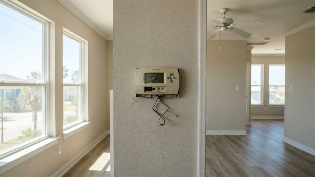 Interior of coastal Texas rental home showing broken air conditioning system during summer heat