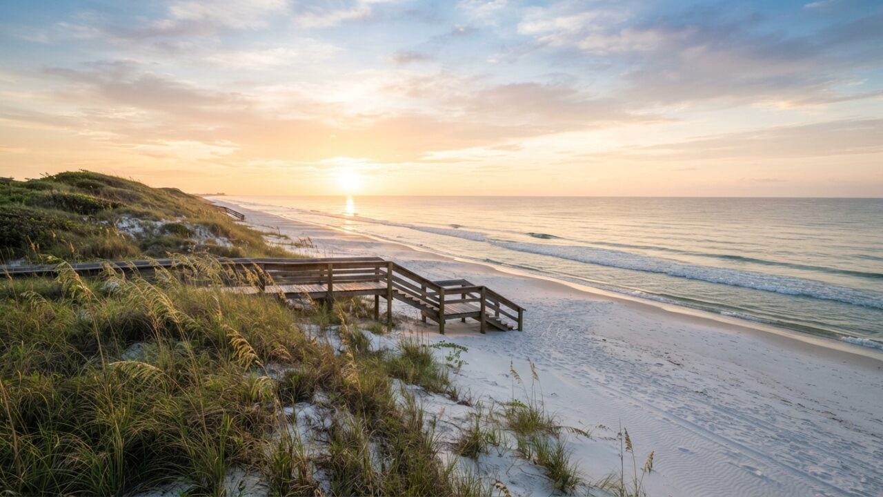 Peaceful Gulf Coast beach at sunrise with wooden walkway and gentle waves