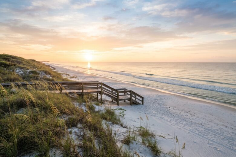 Peaceful Gulf Coast beach at sunrise with wooden walkway and gentle waves