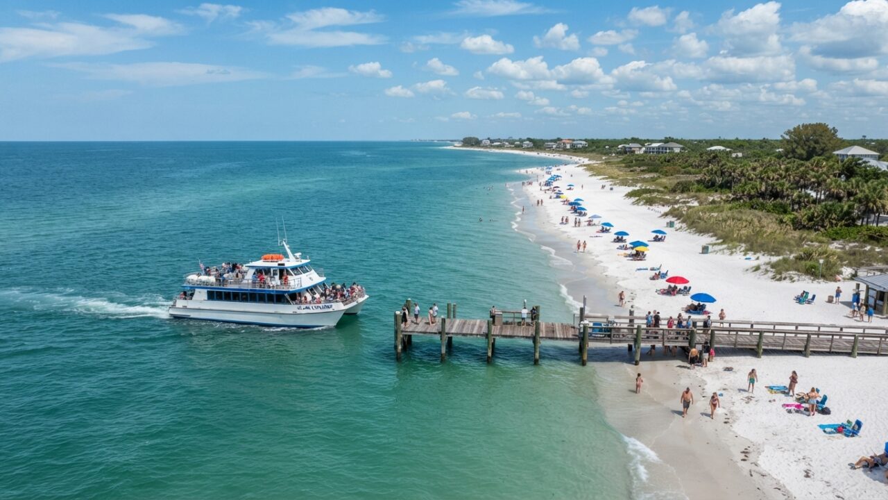 Passenger ferry arriving at beach dock with beachgoers and coastal scenery