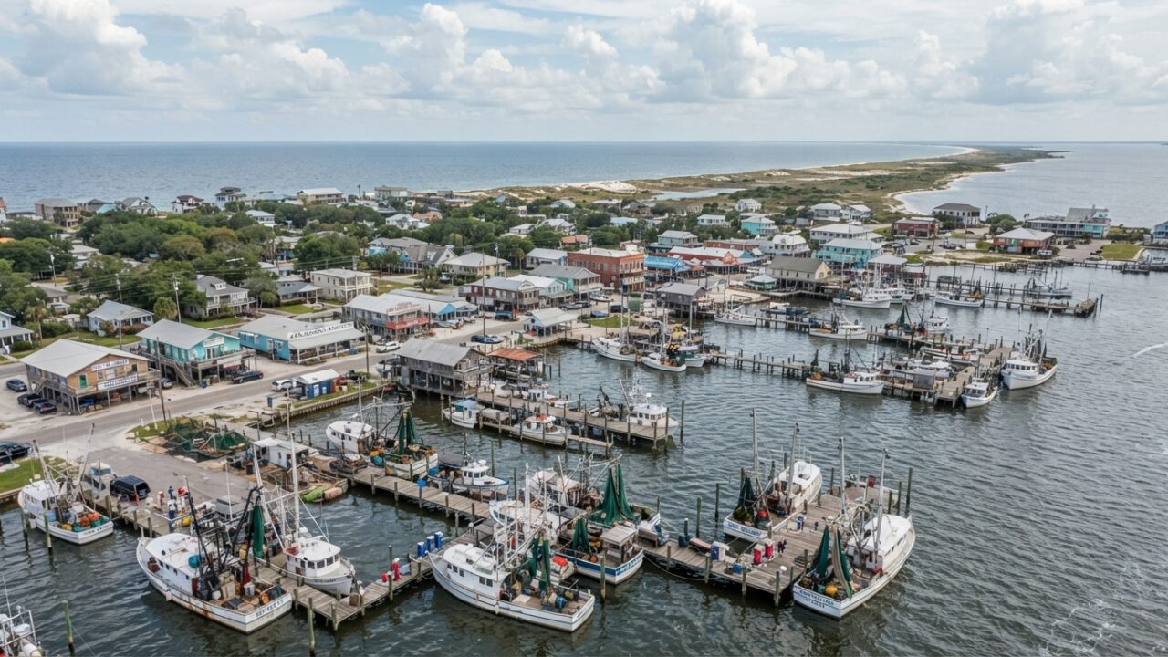 Aerial view of a Gulf Coast fishing town with harbor and barrier islands