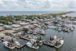 Aerial view of a Gulf Coast fishing town with harbor and barrier islands
