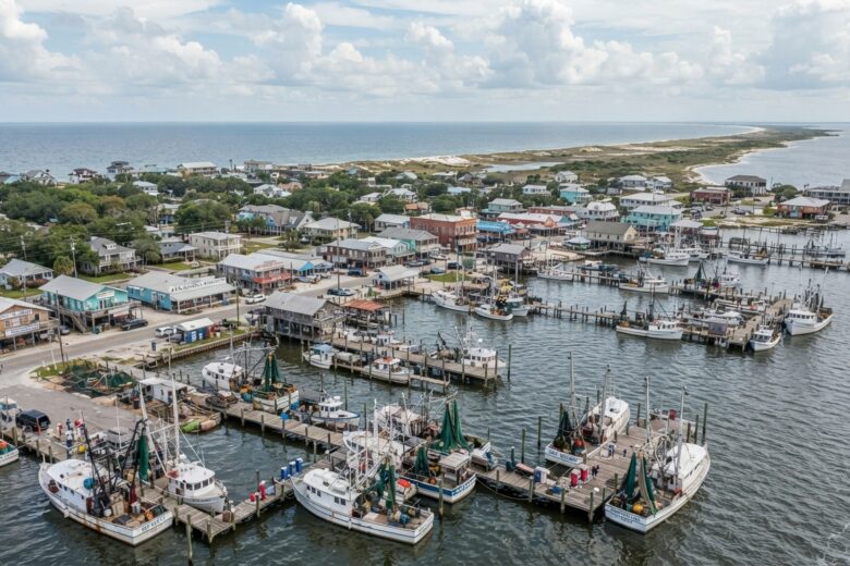 Aerial view of a Gulf Coast fishing town with harbor and barrier islands