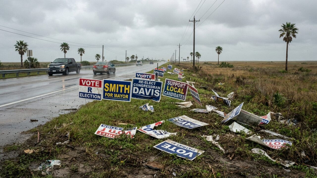 Political campaign signs positioned along a coastal Texas road showing varying conditions