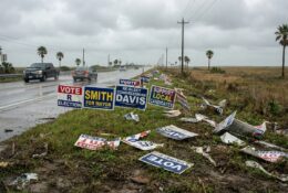 Political campaign signs positioned along a coastal Texas road showing varying conditions