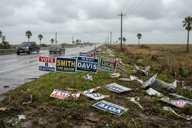 Political campaign signs positioned along a coastal Texas road showing varying conditions